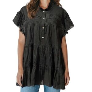 Isabel Etoile Marant Semi-Sheer Tiered Relaxed Fit Black Blouse Top‎ Medium